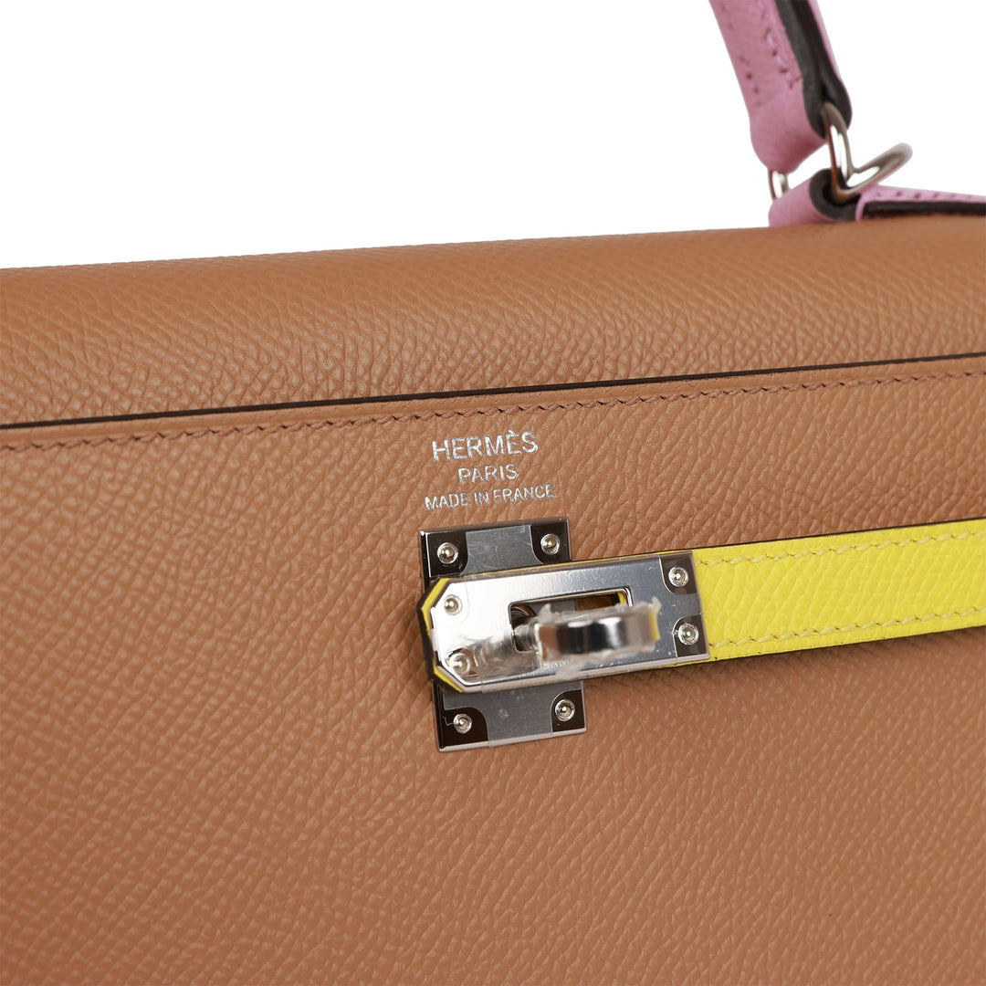 Hermes Kelly 25 Sellier Tri-Color Chai, Lime and Mauve Sylvestre Epsom Palladium Hardware