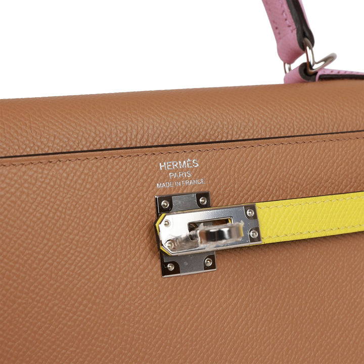 Hermes Kelly 25 Sellier Tri-Color Chai, Lime and Mauve Sylvestre Epsom Palladium Hardware