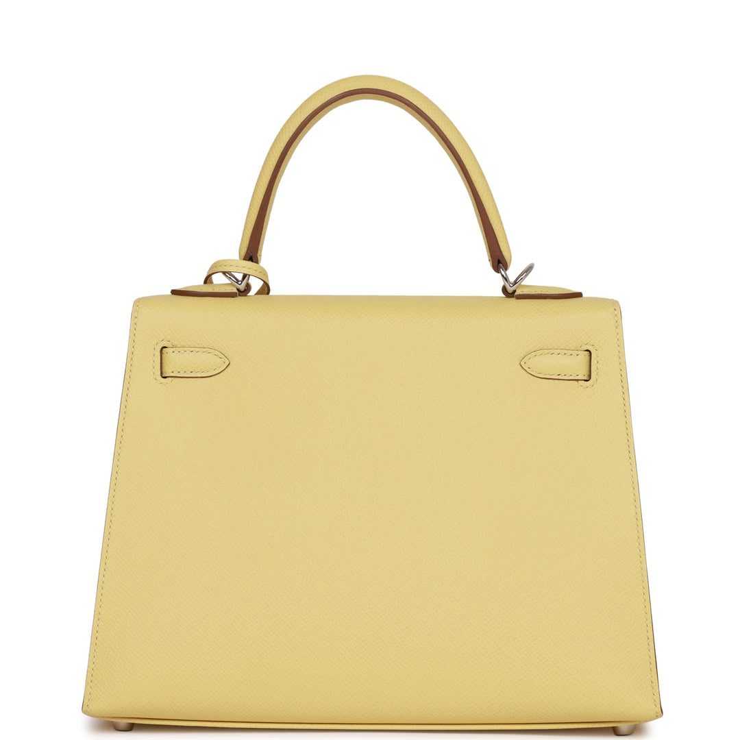 Hermes Kelly 25 Sellier Jaune Poussin Epsom Palladium Hardware