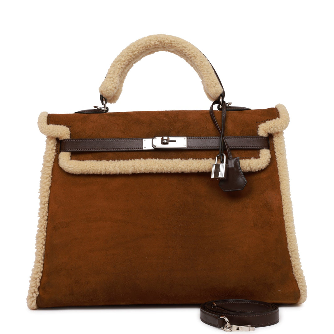 New Hermes Teddy Kelly 35 Shearling and Ebene Barenia Palladium Hardware