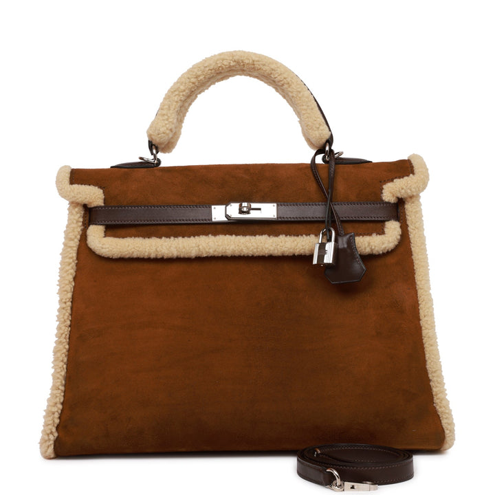 New Hermes Teddy Kelly 35 Shearling and Ebene Barenia Palladium Hardware