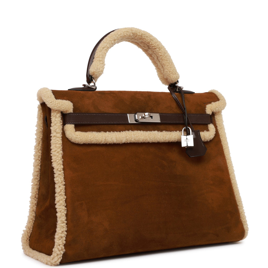 New Hermes Teddy Kelly 35 Shearling and Ebene Barenia Palladium Hardware