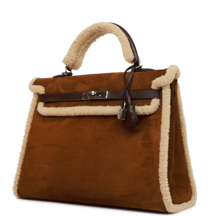 New Hermes Teddy Kelly 35 Shearling and Ebene Barenia Palladium Hardware