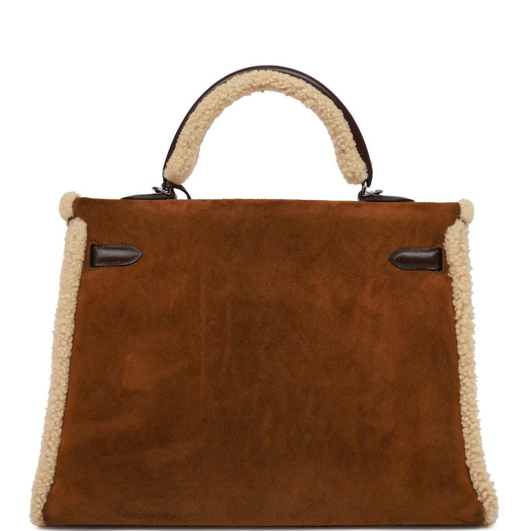New Hermes Teddy Kelly 35 Shearling and Ebene Barenia Palladium Hardware