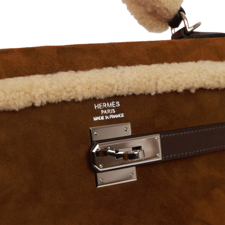 New Hermes Teddy Kelly 35 Shearling and Ebene Barenia Palladium Hardware
