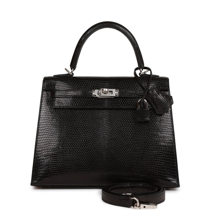 Hermes Kelly 25 Sellier Black Lizard Palladium Hardware
