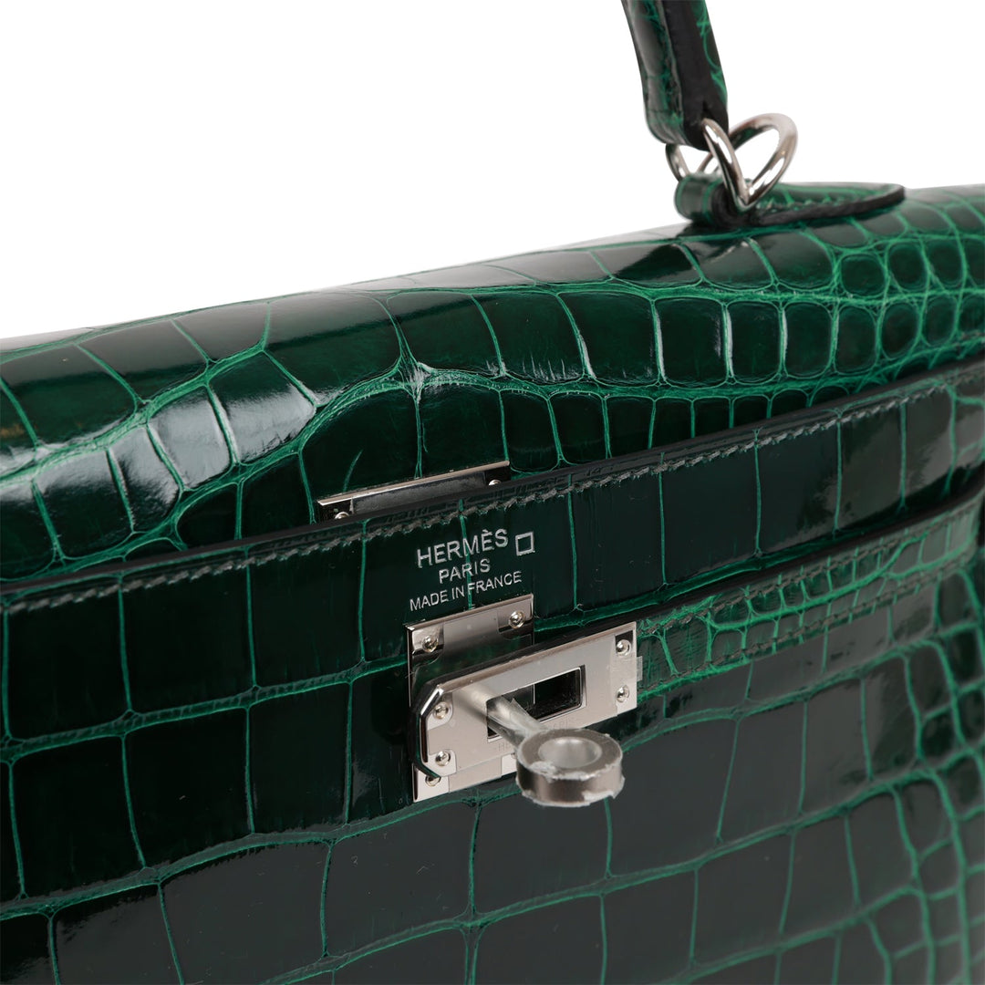 Hermes Kelly 25 Sellier Vert Fonce Shiny Alligator Palladium Hardware