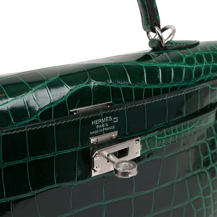 Hermes Kelly 25 Sellier Vert Fonce Shiny Alligator Palladium Hardware