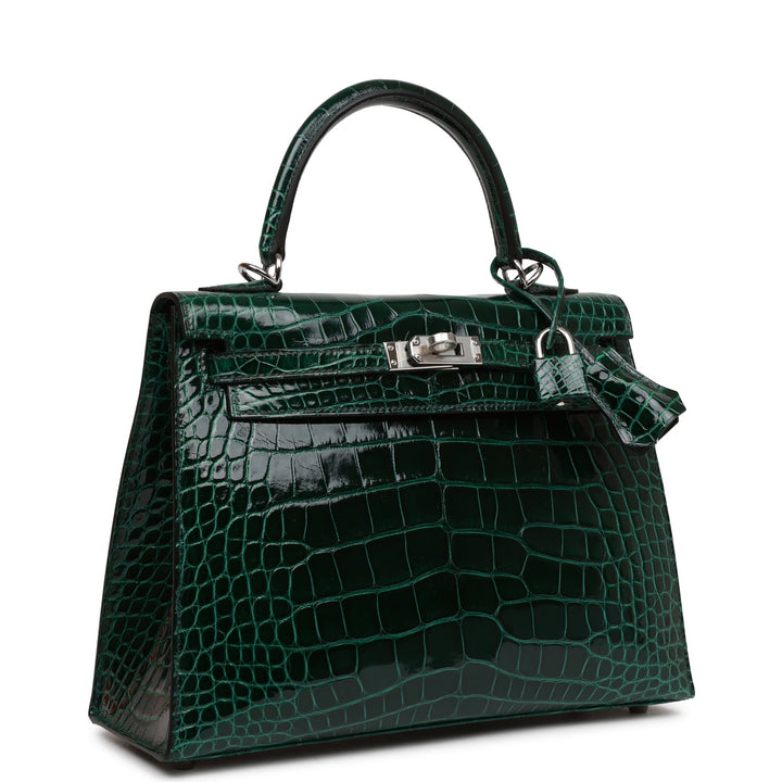 Hermes Kelly 25 Sellier Vert Fonce Shiny Alligator Palladium Hardware