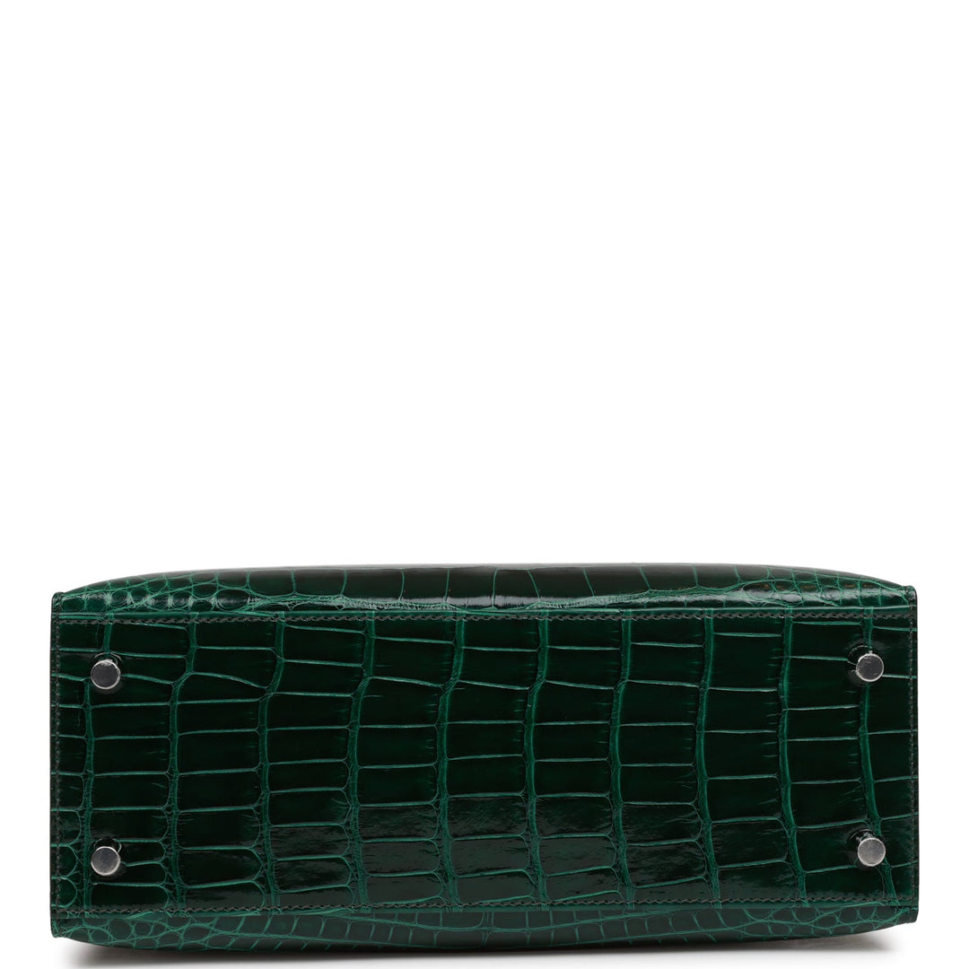 Hermes Kelly 25 Sellier Vert Fonce Shiny Alligator Palladium Hardware