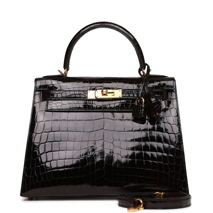 Top quality Hermes Kelly Sellier 28 Black Shiny Niloticus Crocodile Gold Hardware