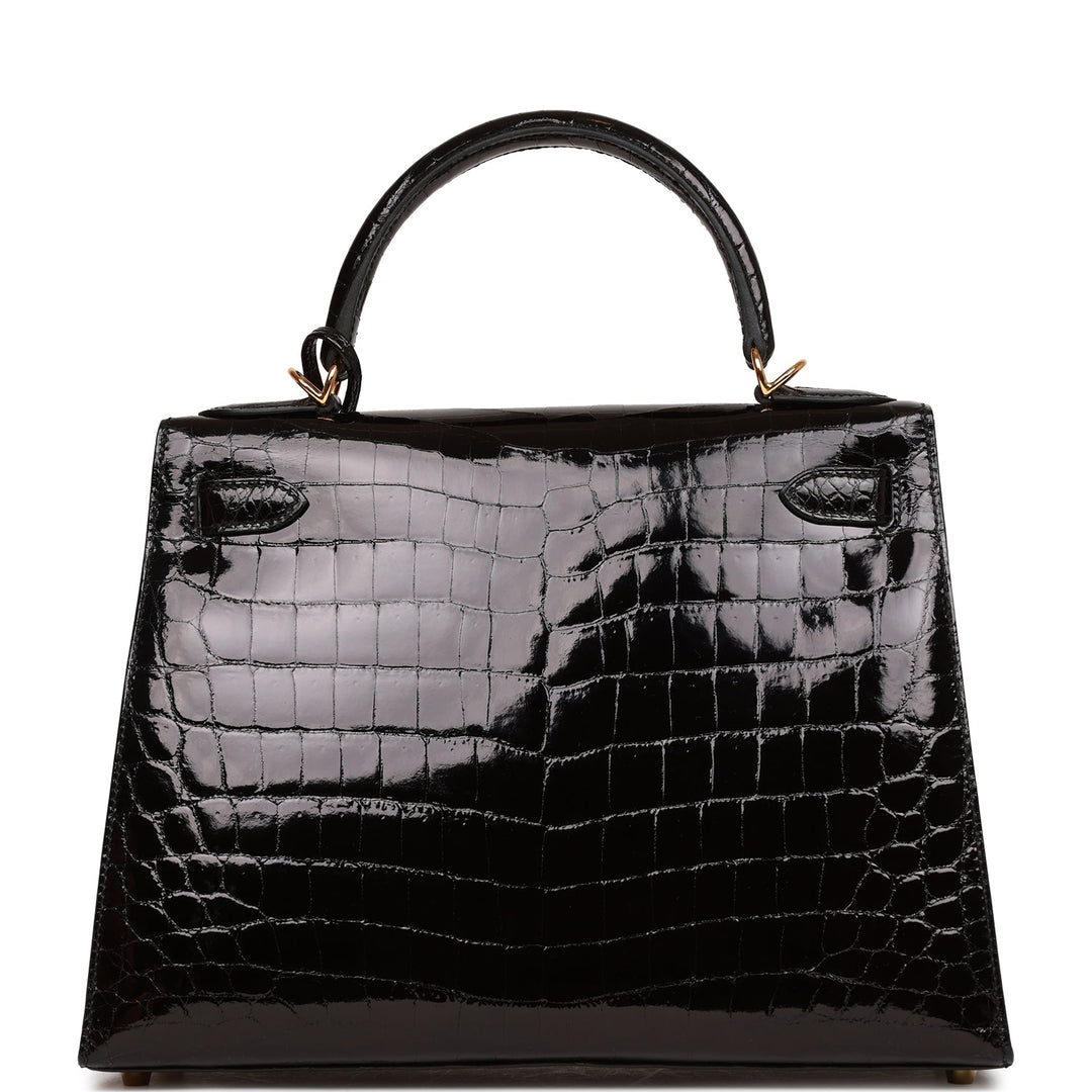 Top quality Hermes Kelly Sellier 28 Black Shiny Niloticus Crocodile Gold Hardware
