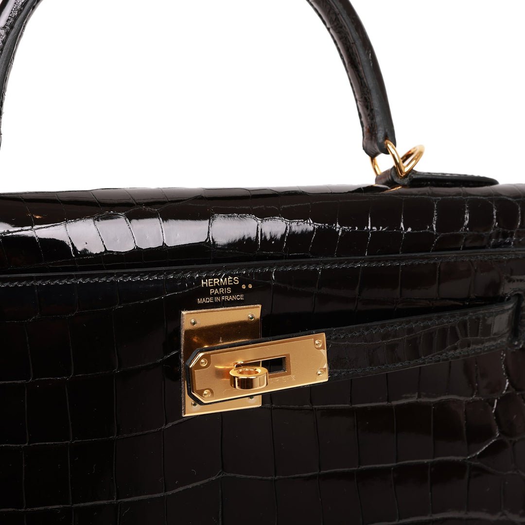 Top quality Hermes Kelly Sellier 28 Black Shiny Niloticus Crocodile Gold Hardware