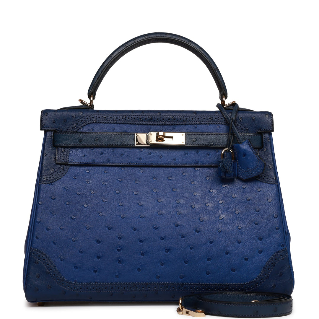 Hermes Ghillies Kelly 32 Retourne Bleu Saphir, Bleu Iris and Bleu de Malte Ostrich Permabrass Hardware