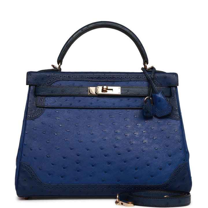 Hermes Ghillies Kelly 32 Retourne Bleu Saphir, Bleu Iris and Bleu de Malte Ostrich Permabrass Hardware