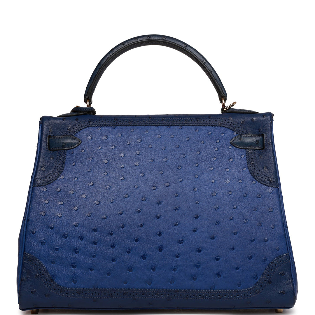 Hermes Ghillies Kelly 32 Retourne Bleu Saphir, Bleu Iris and Bleu de Malte Ostrich Permabrass Hardware