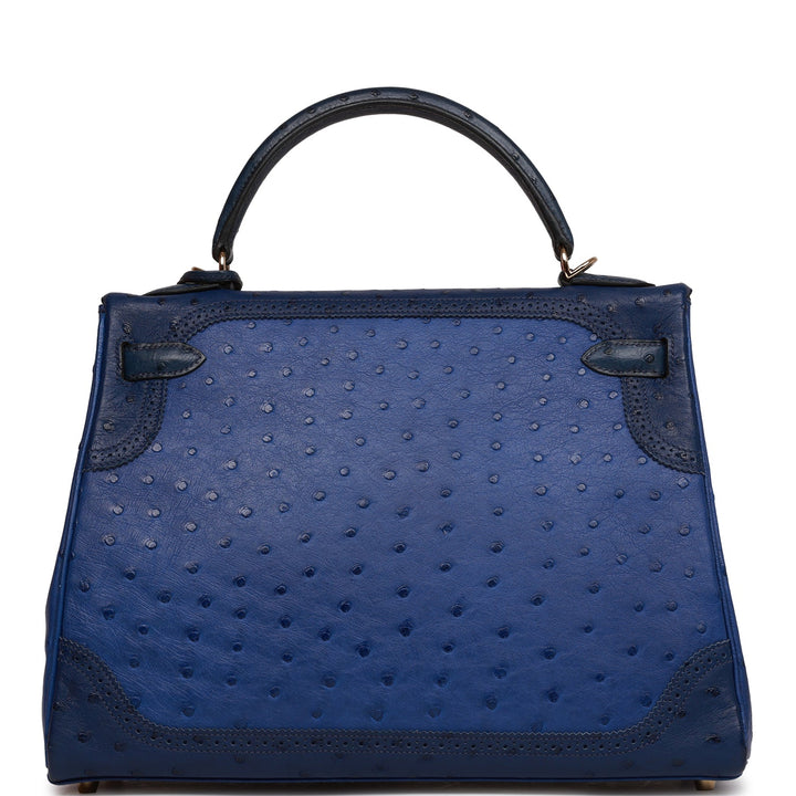 Hermes Ghillies Kelly 32 Retourne Bleu Saphir, Bleu Iris and Bleu de Malte Ostrich Permabrass Hardware