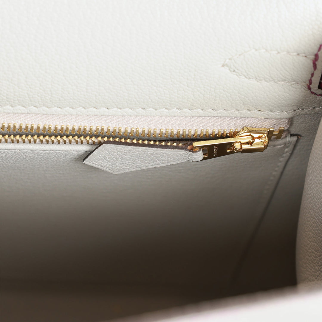 Hermes Special Order (HSS) Kelly Sellier 25 Gris Perle and Anemone Chevre Brushed Gold Hardware