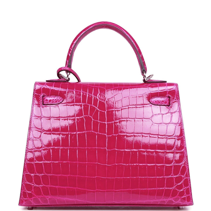 Top quality Hermes Kelly Sellier 25 Rose Pourpre Shiny Niloticus Crocodile Palladium Hardware