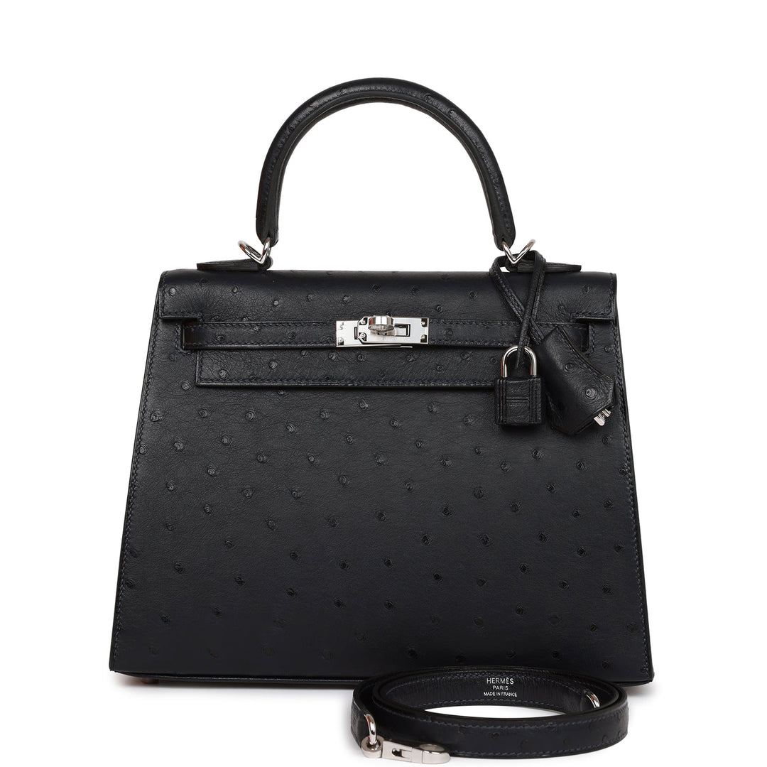 Hermes Kelly 25 Sellier Caban Ostrich Palladium Hardware