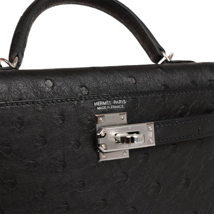 Hermes Kelly 20 Sellier Black Ostrich Palladium Hardware