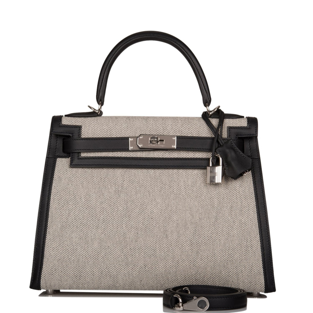 Hermes Kelly 28 Sellier Black Toile and Swift Palladium Hardware