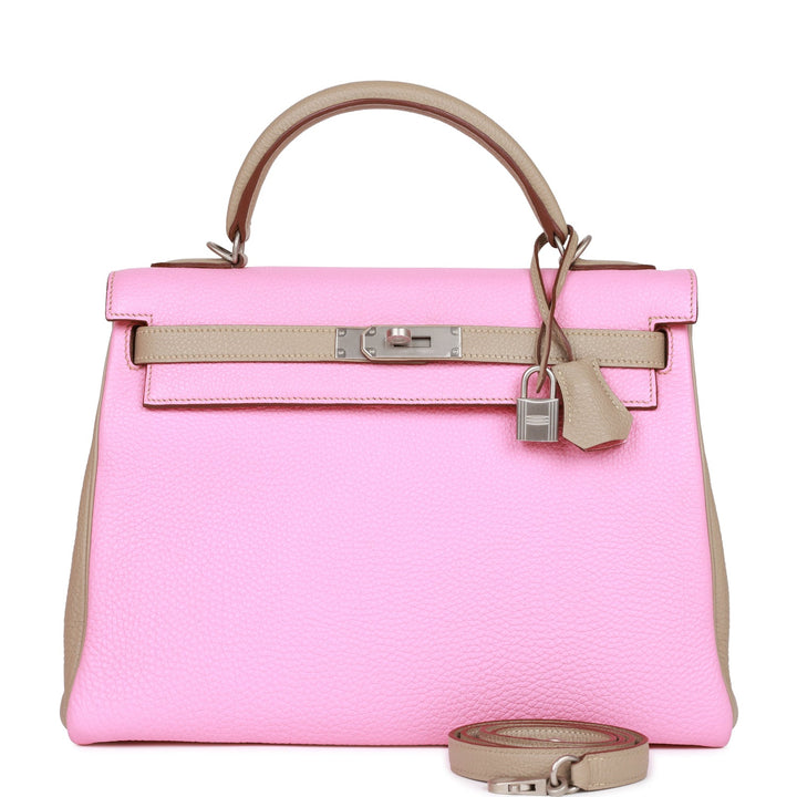 Top quality Hermes Special Order (HSS) Kelly Retourne 32 Bubblegum and Gris Tourterelle Clemence Brushed Palladium Hardware