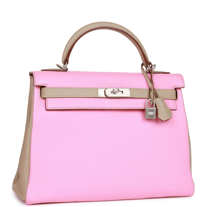 Top quality Hermes Special Order (HSS) Kelly Retourne 32 Bubblegum and Gris Tourterelle Clemence Brushed Palladium Hardware