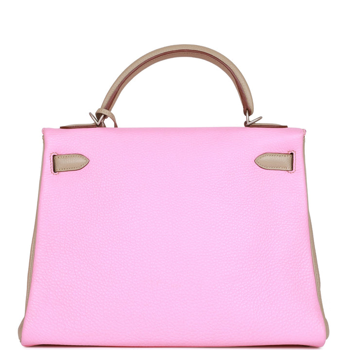 Top quality Hermes Special Order (HSS) Kelly Retourne 32 Bubblegum and Gris Tourterelle Clemence Brushed Palladium Hardware