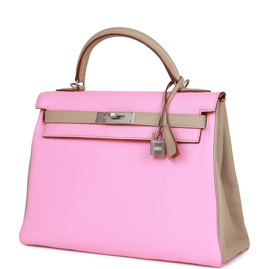 Top quality Hermes Special Order (HSS) Kelly Retourne 32 Bubblegum and Gris Tourterelle Clemence Brushed Palladium Hardware