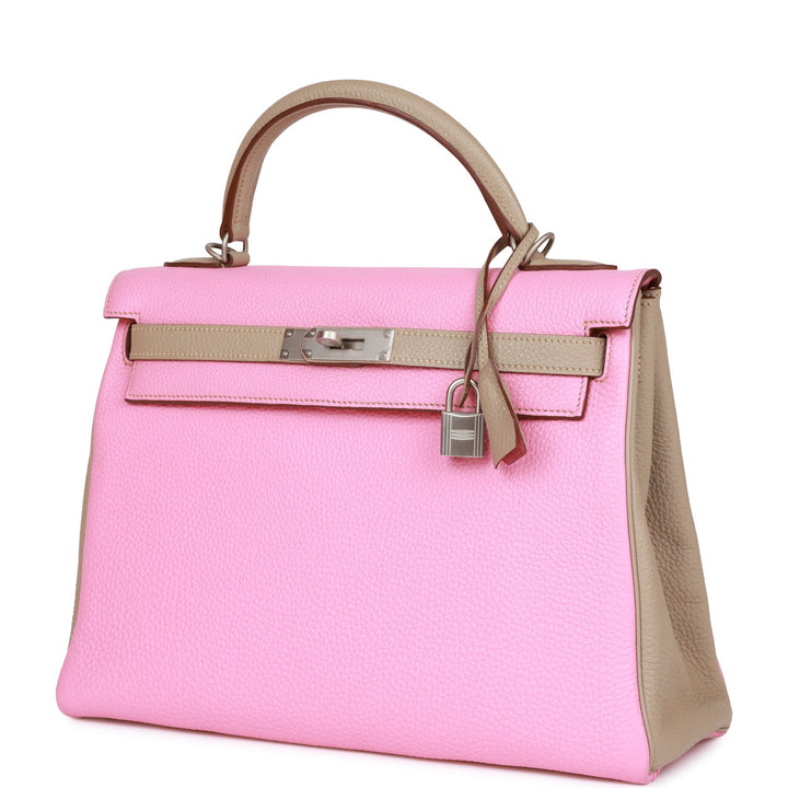 Top quality Hermes Special Order (HSS) Kelly Retourne 32 Bubblegum and Gris Tourterelle Clemence Brushed Palladium Hardware