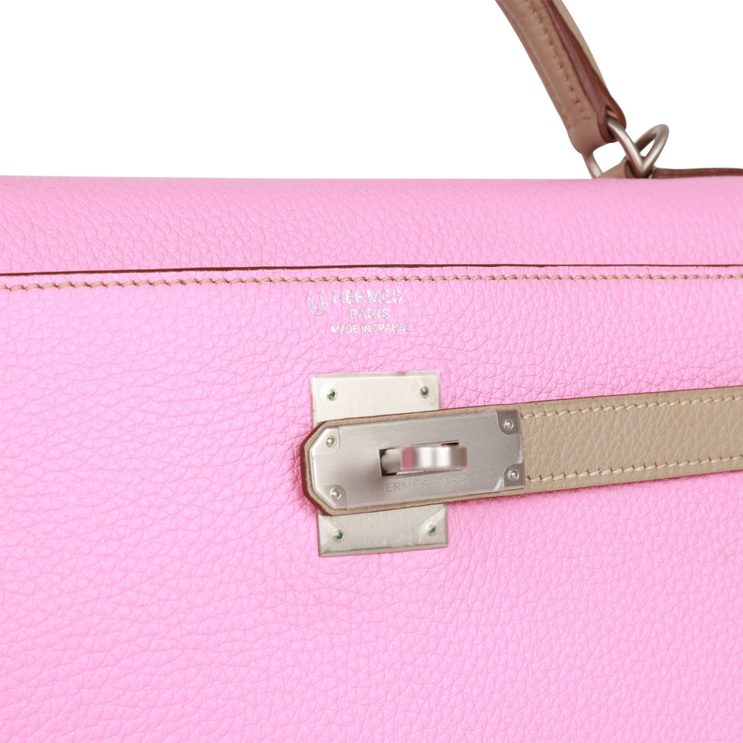Top quality Hermes Special Order (HSS) Kelly Retourne 32 Bubblegum and Gris Tourterelle Clemence Brushed Palladium Hardware