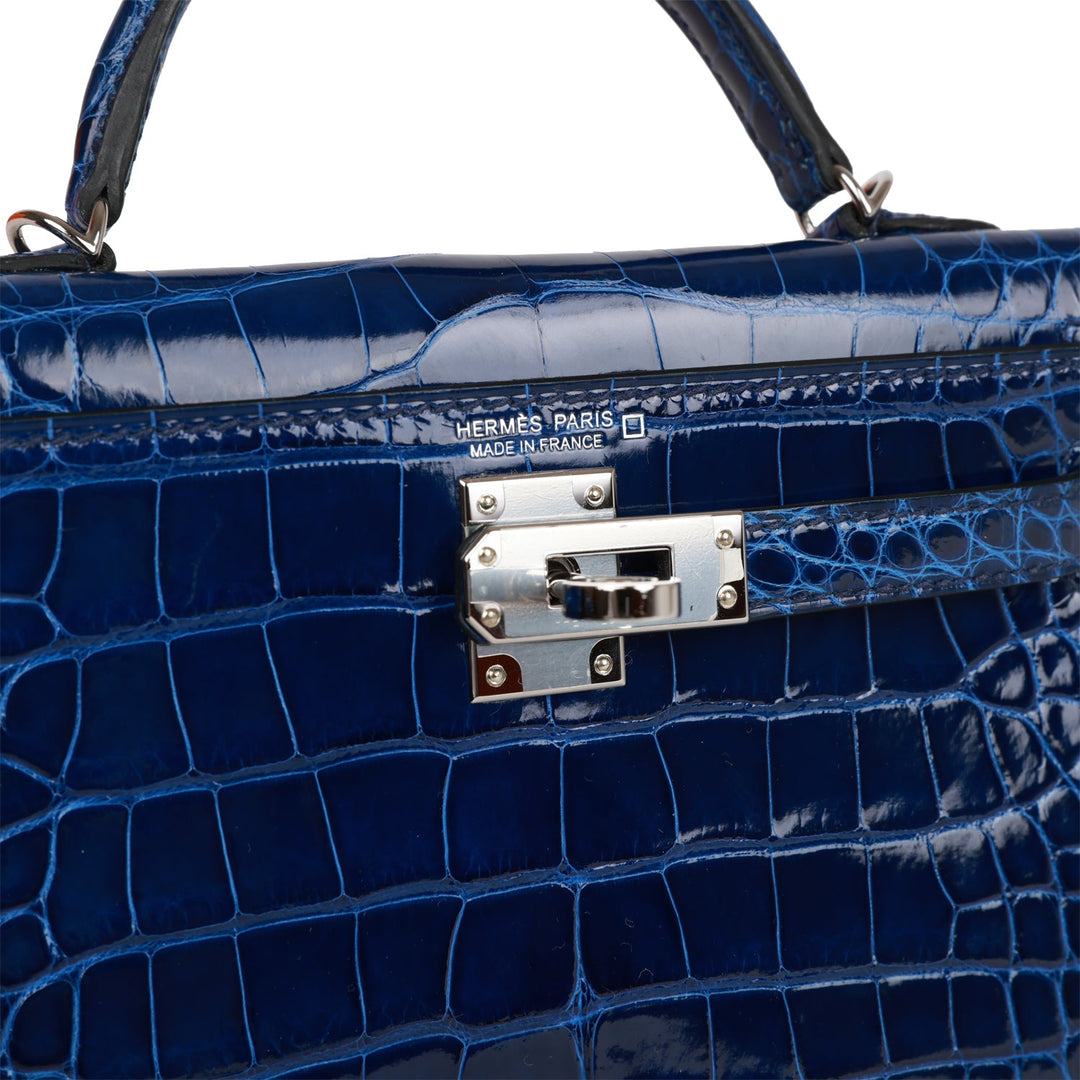 Hermes Kelly 20 Sellier Bleu Saphir Shiny Alligator Palladium Hardware