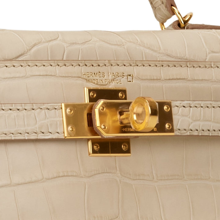 Hermes Kelly 20cm Sellier Beton Matte Alligator Gold Hardware