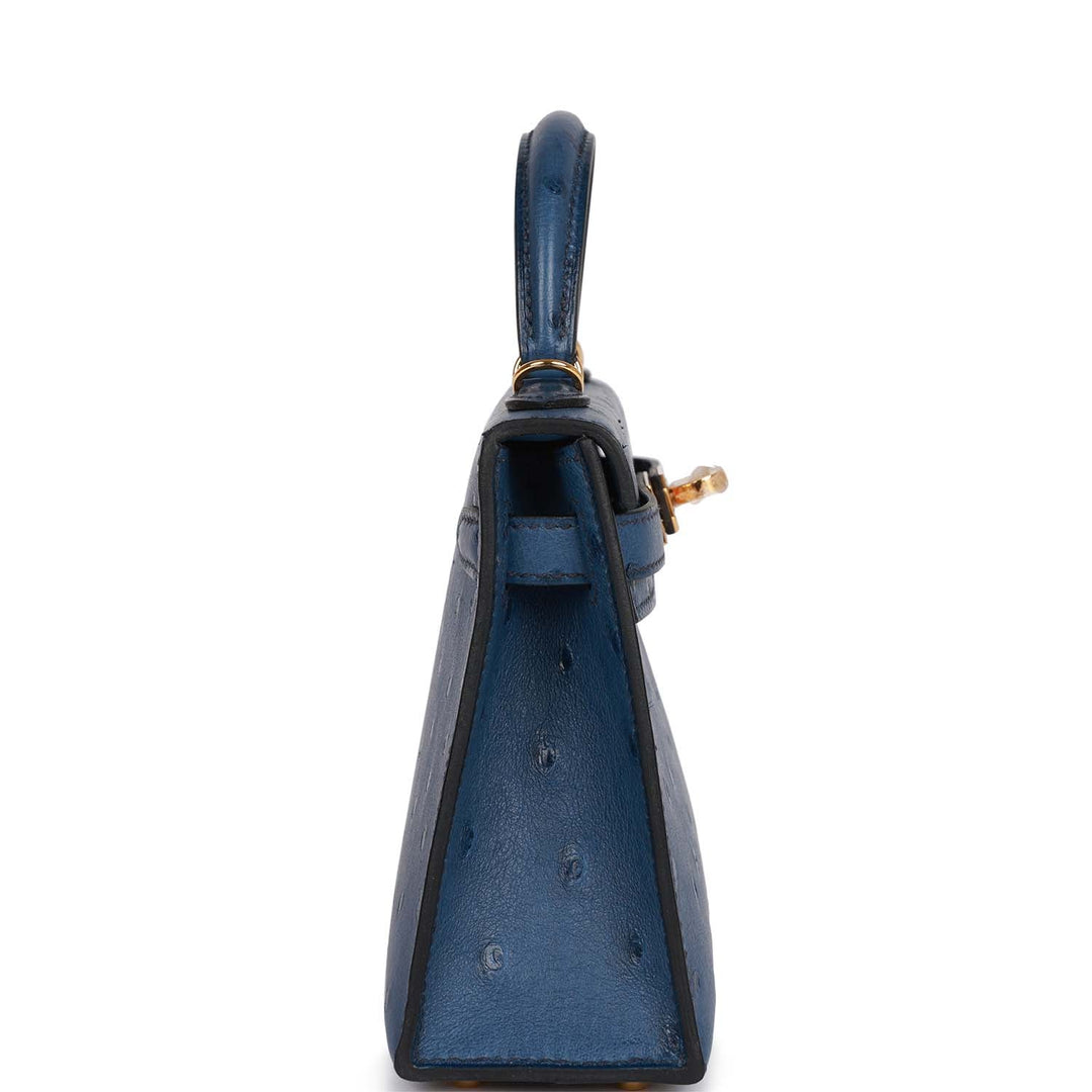 Hermes Kelly 20 Sellier Bleu Iris Ostrich Gold Hardware