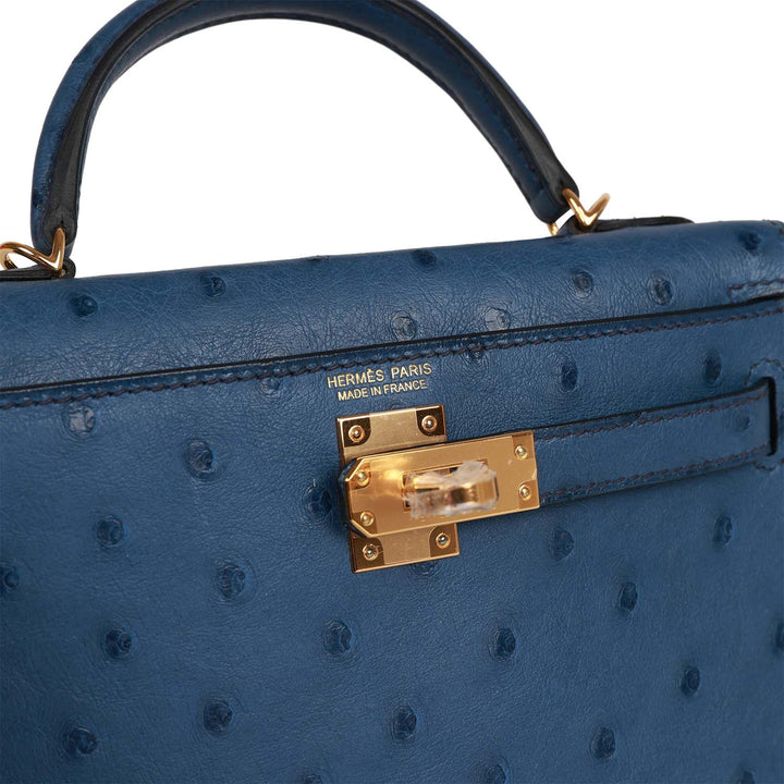 Hermes Kelly 20 Sellier Bleu Iris Ostrich Gold Hardware