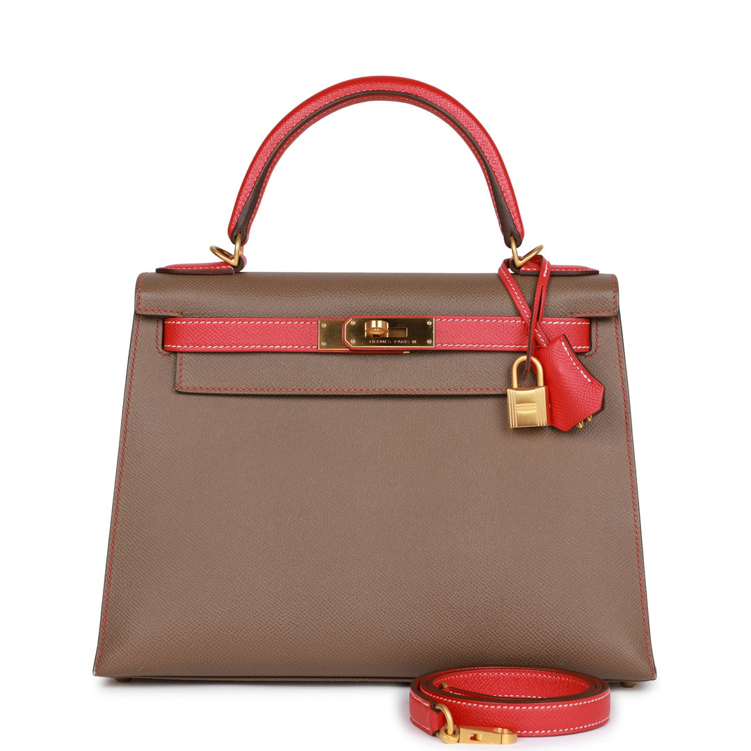 Hermes Special Order (HSS) Kelly Sellier 28 Etoupe and Rouge Tomate Epsom Brushed Gold Hardware