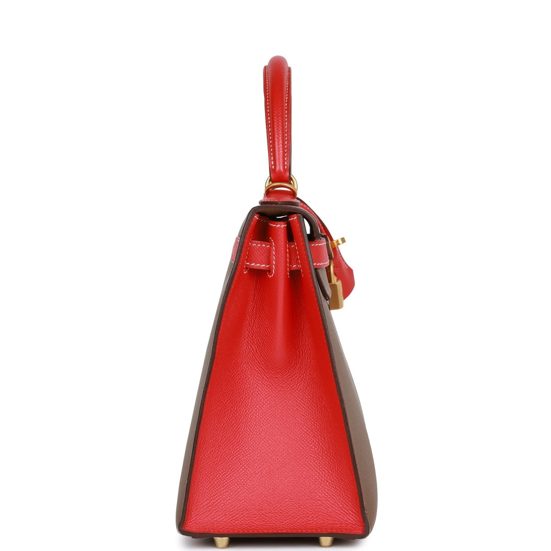 Hermes Special Order (HSS) Kelly Sellier 28 Etoupe and Rouge Tomate Epsom Brushed Gold Hardware