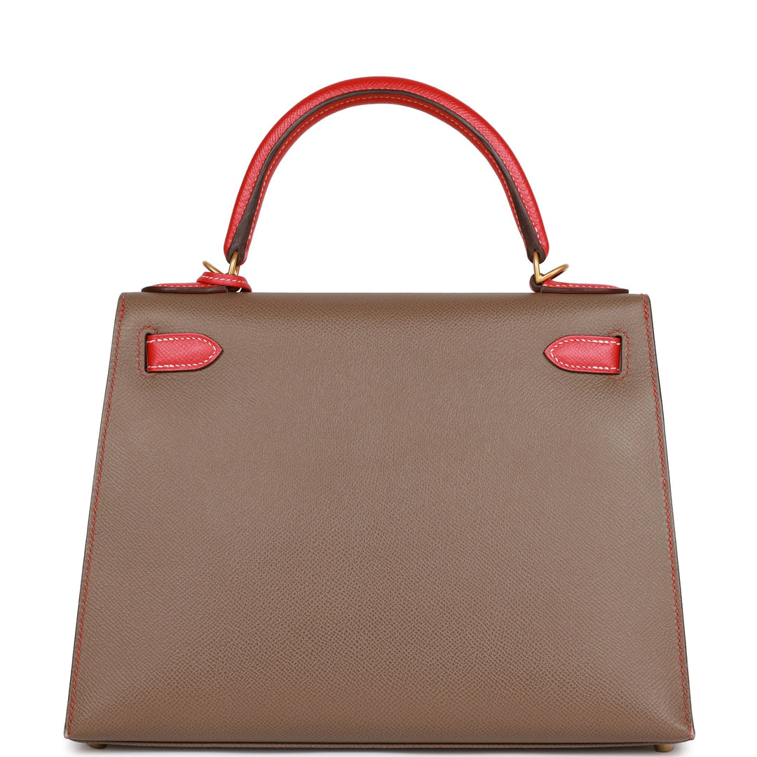 Hermes Special Order (HSS) Kelly Sellier 28 Etoupe and Rouge Tomate Epsom Brushed Gold Hardware