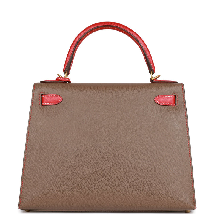Hermes Special Order (HSS) Kelly Sellier 28 Etoupe and Rouge Tomate Epsom Brushed Gold Hardware