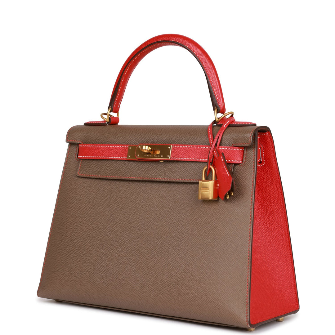 Hermes Special Order (HSS) Kelly Sellier 28 Etoupe and Rouge Tomate Epsom Brushed Gold Hardware