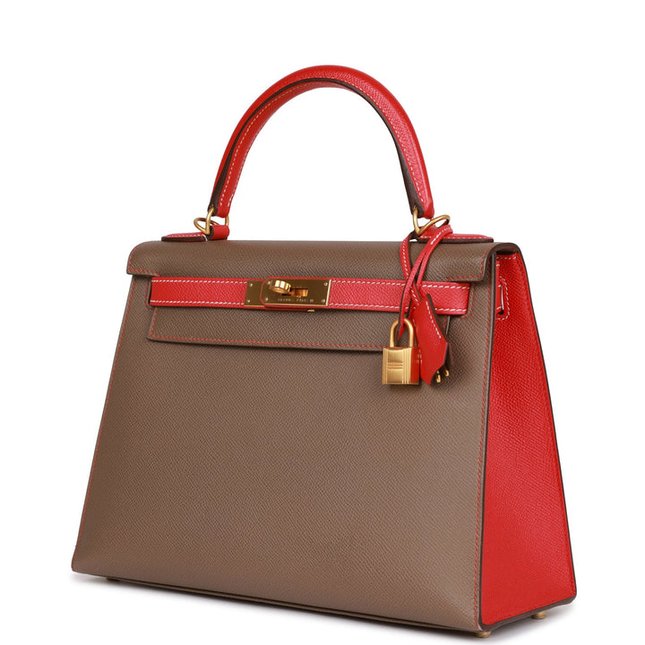Hermes Special Order (HSS) Kelly Sellier 28 Etoupe and Rouge Tomate Epsom Brushed Gold Hardware