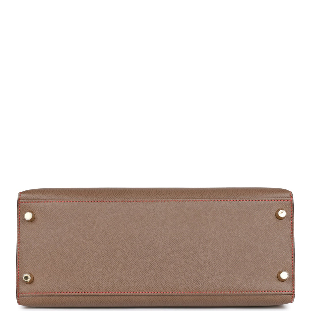 Hermes Special Order (HSS) Kelly Sellier 28 Etoupe and Rouge Tomate Epsom Brushed Gold Hardware