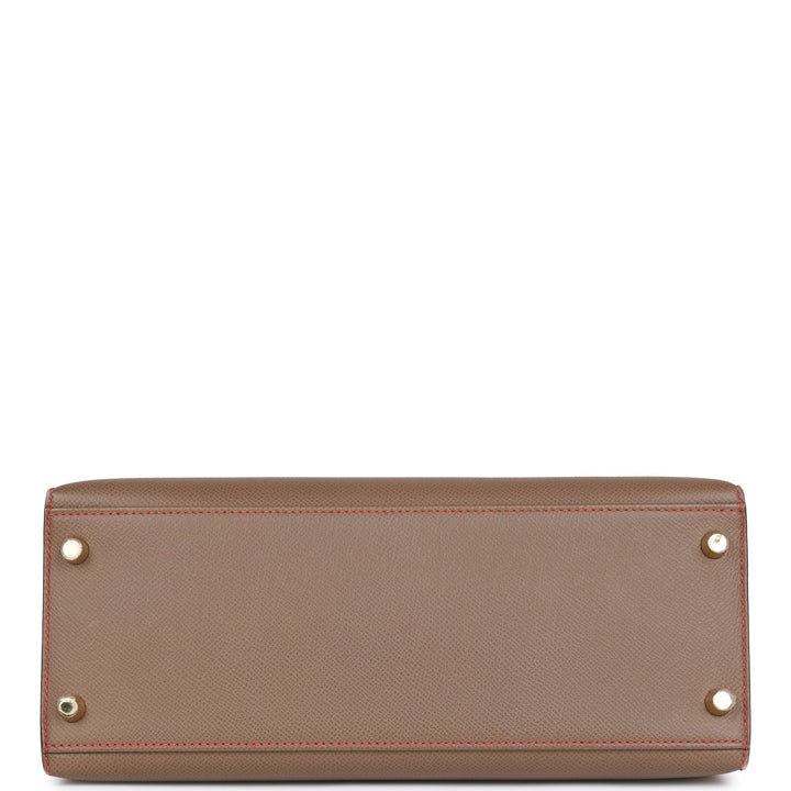 Hermes Special Order (HSS) Kelly Sellier 28 Etoupe and Rouge Tomate Epsom Brushed Gold Hardware