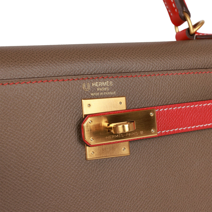 Hermes Special Order (HSS) Kelly Sellier 28 Etoupe and Rouge Tomate Epsom Brushed Gold Hardware