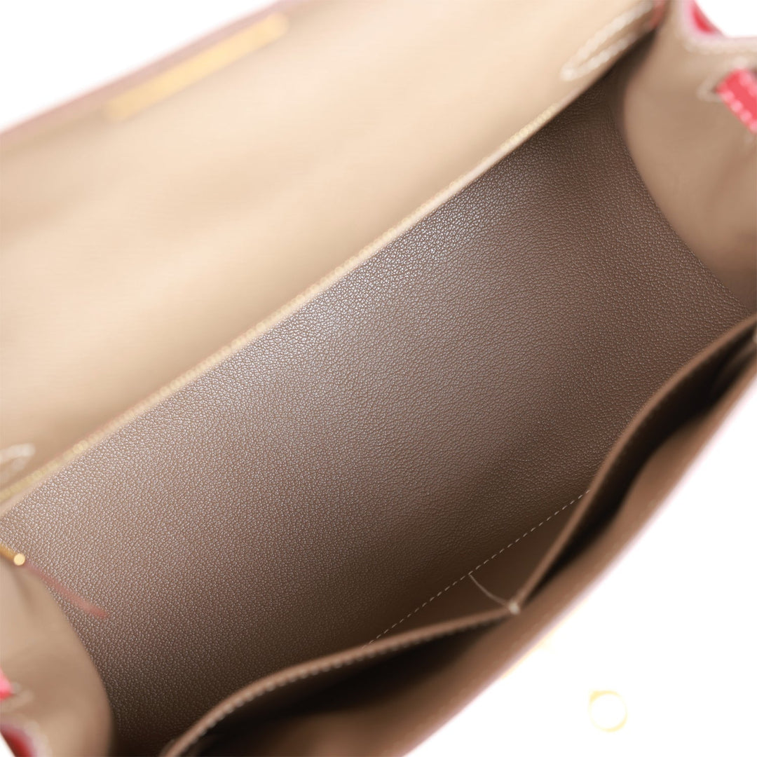 Hermes Special Order (HSS) Kelly Sellier 28 Etoupe and Rouge Tomate Epsom Brushed Gold Hardware