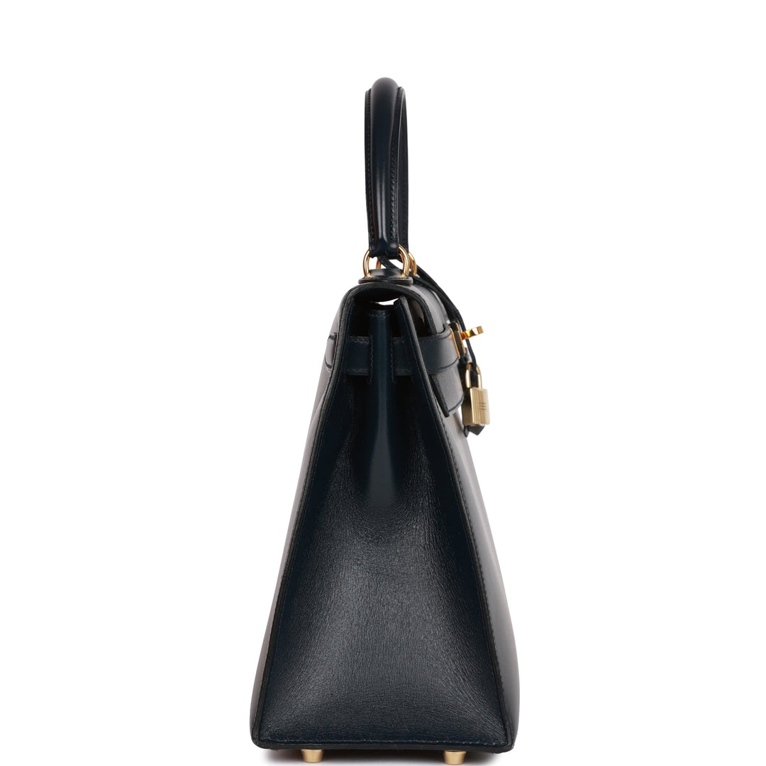 Hermes Kelly 28 Sellier Bleu Marine Box Gold Hardware