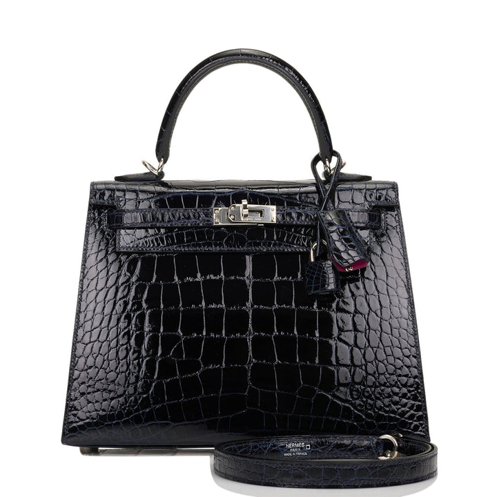 Hermes Kelly 25 Sellier Bleu Marine Verso Shiny Alligator Palladium Hardware