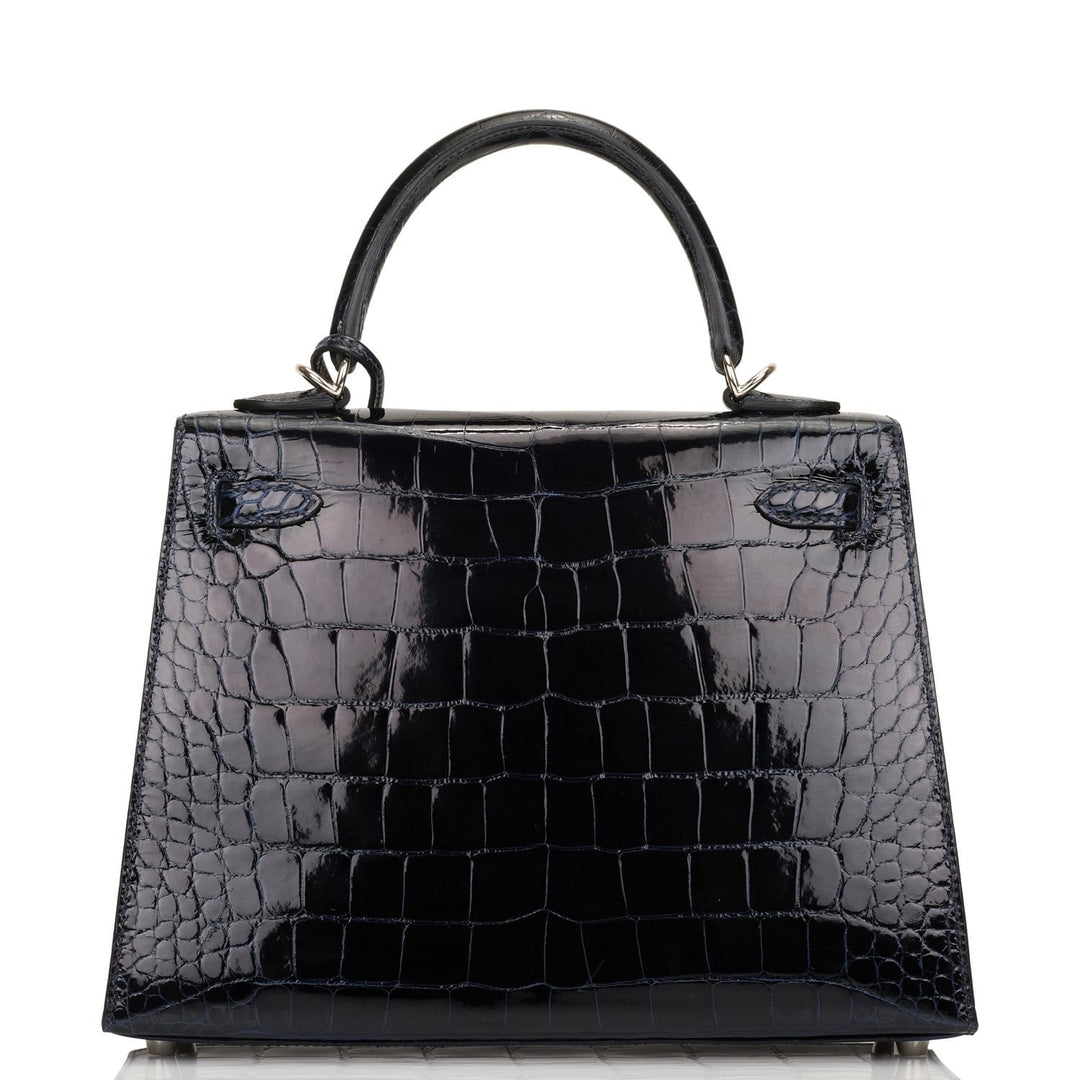 Hermes Kelly 25 Sellier Bleu Marine Verso Shiny Alligator Palladium Hardware