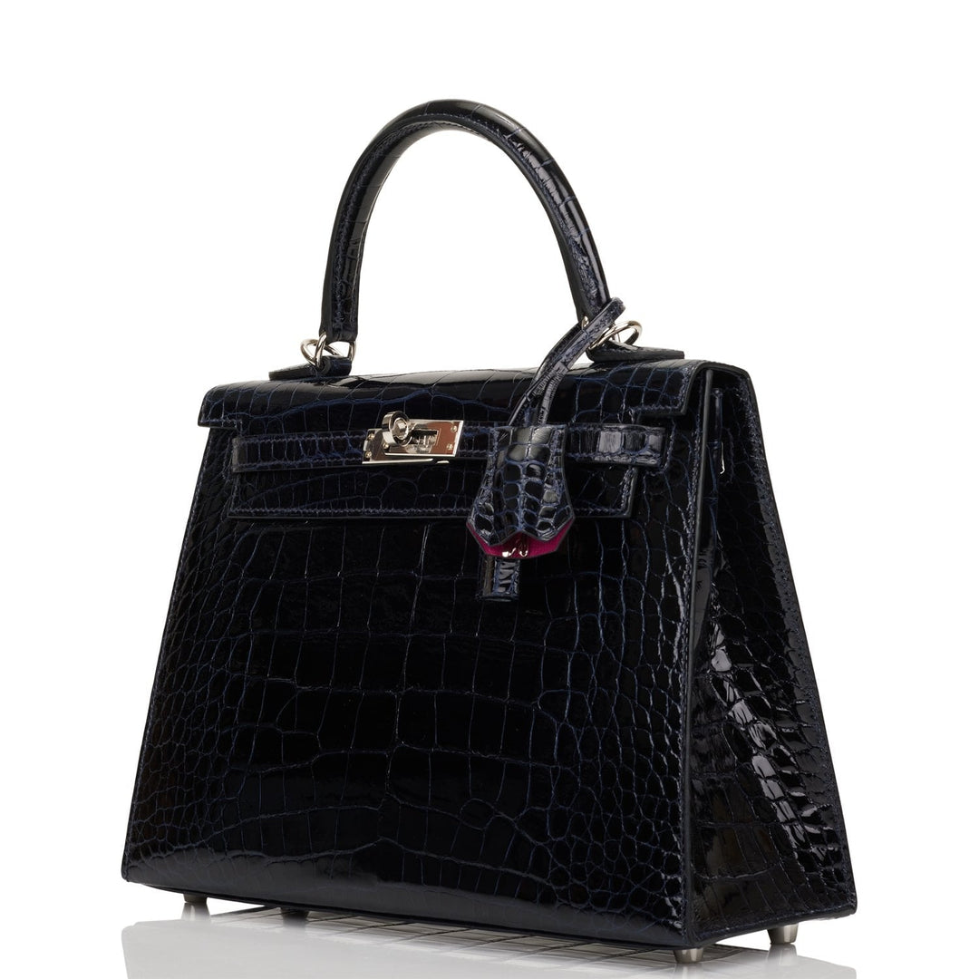 Hermes Kelly 25 Sellier Bleu Marine Verso Shiny Alligator Palladium Hardware